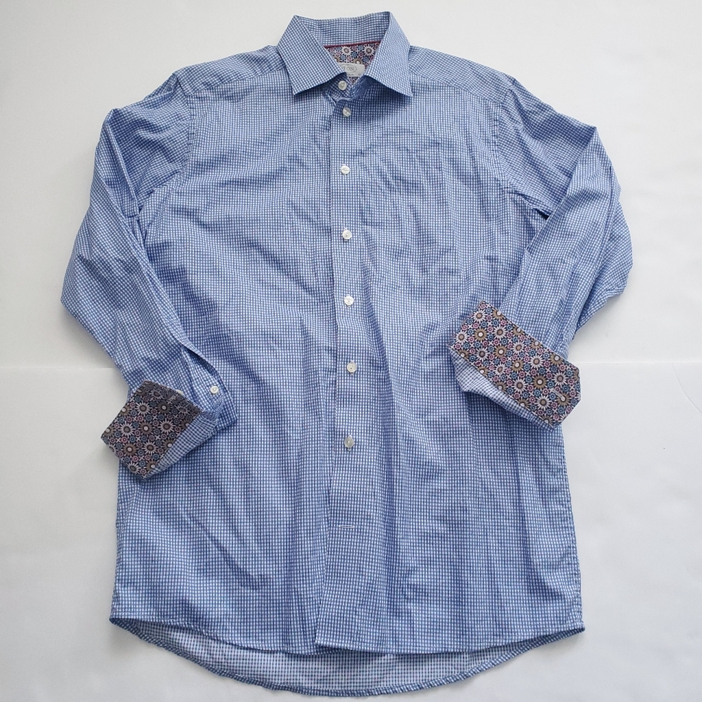 Eton Shirt Men's 39 15.5 Blue Gingham Plaid Flip Cuff Colorful Checkered Dress